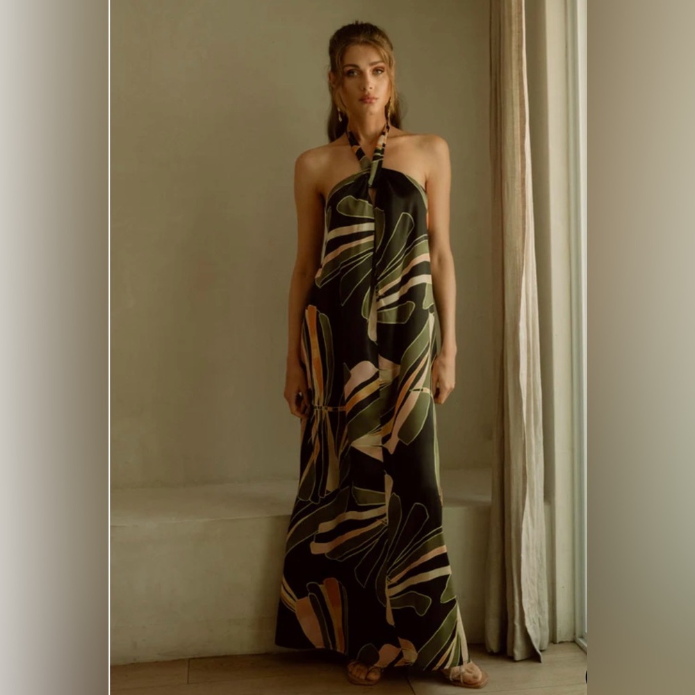 ELAN- Sienna Halter Maxi Dress-Black-Tropical Print -Size Large